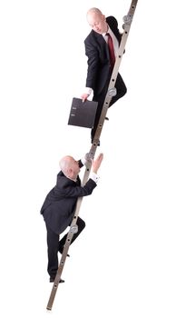 concept of cooperation or self help passing a file down the ladder isolated on white background