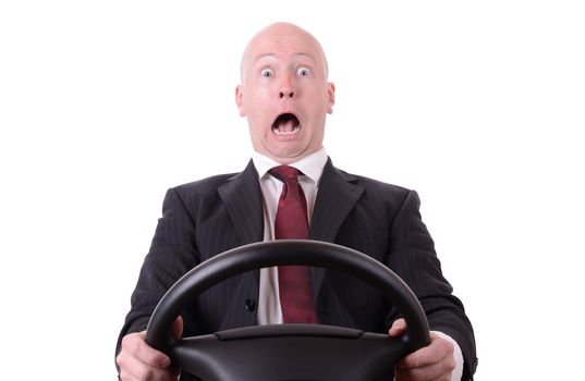 business shock isolated on white businessman with steering wheel