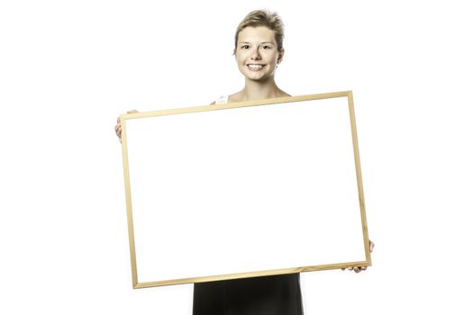 Young, beautiflul woman with blank board, isolated on white background