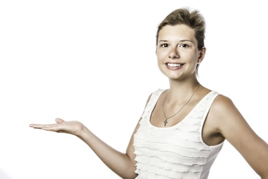 Laughing young woman holding the palm of the right hand up, isolated on white background