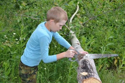 the boy with a hacksaw stands near a tree