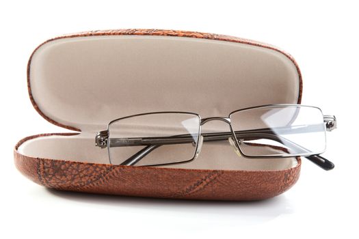 glasses in a case on a white background