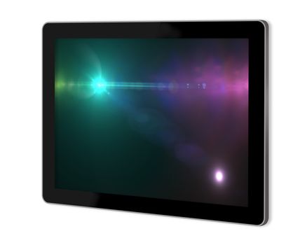 Lens flare effect in  space  on screen of tablet  made in 3d software