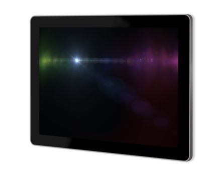 Lens flare effect in  space  on screen of tablet  made in 3d software