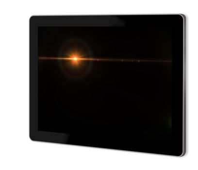 Lens flare effect in  space  on screen of tablet  made in 3d software