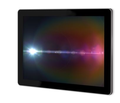 Lens flare effect in  space  on screen of tablet  made in 3d software