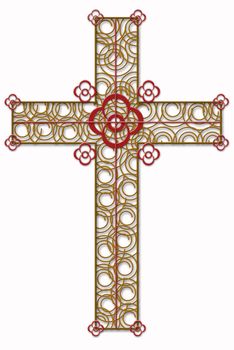 Golden  cross with red  element  against the wihte isolated background