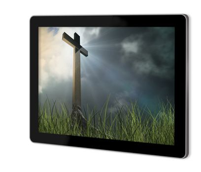 Wooden cross on screen of tablet  made in 3d software