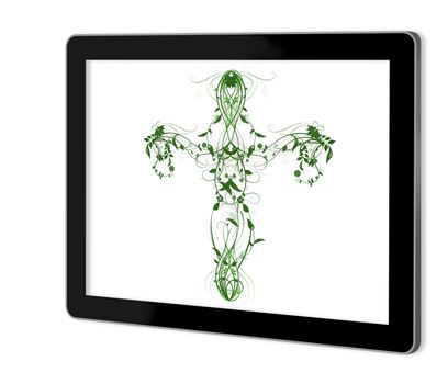Green Floral Cross on  screen of tablet  made in 3d software