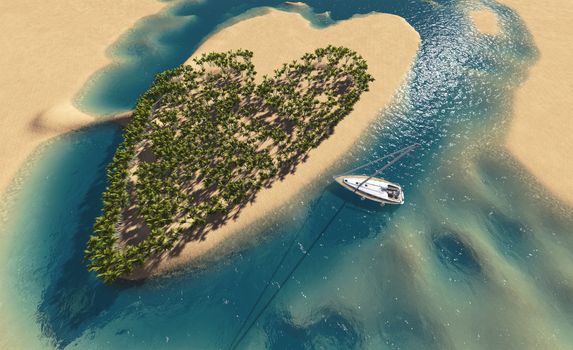 Paradise tropical island in the form of heart made in 3d software