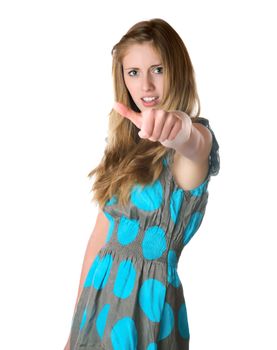 The girl shows a thumb on  white background