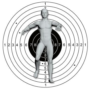 Shooting target, with holes pierced by bullets made in 2d software