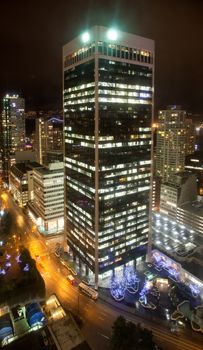 Night scene of modern buildings in vancouver downtown