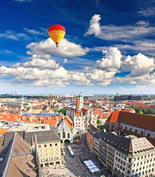 The aerial view of Munich city center from the tower of the Peterskirche