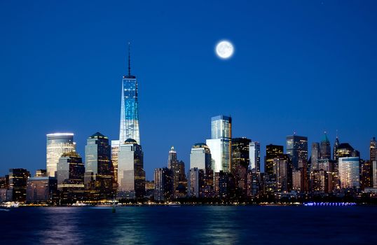 The new Freedom Tower and Lower Manhattan Skyline At Night