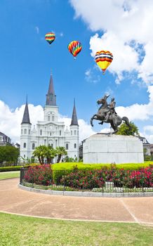 Saint Louis Cathedral and statue of Andrew Jackson in the Jackson Square New Orleans 