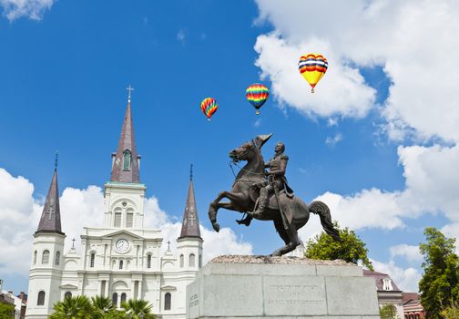 Saint Louis Cathedral and statue of Andrew Jackson in the Jackson Square New Orleans 