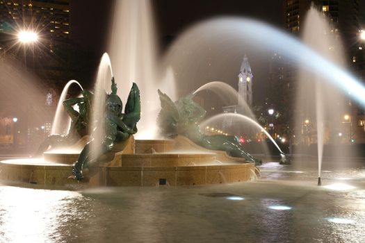 Swann memorial fountain downtown Philadelphia at night