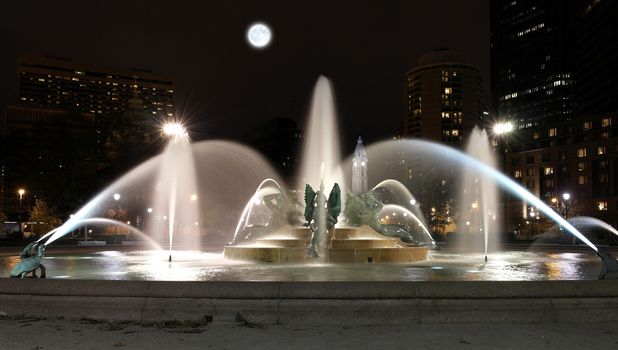 Swann memorial fountain downtown Philadelphia at night