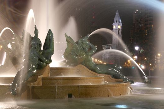 Swann memorial fountain in downtown Philadelphia at night