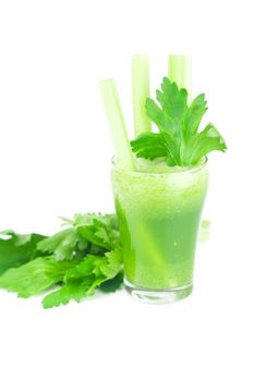 celery and glass with celery juice isolated on white