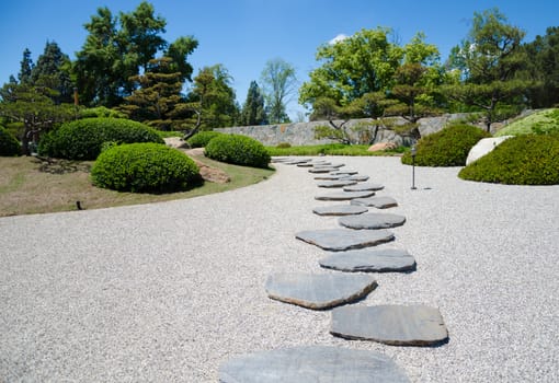 Stone's way in the Japanese garden in sunny day