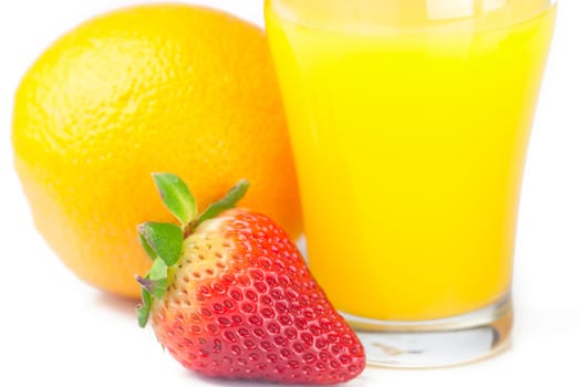 strawberry,orange and a glass of orange juice isolated on white