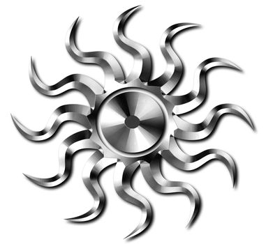 Silver metal gear sun icon wavy funky design.