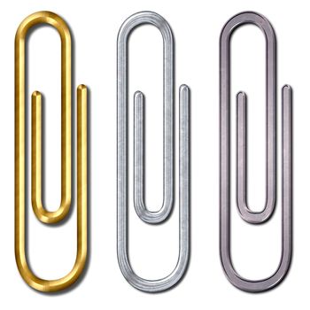 Metal paper clips in gold, silver, isolated.