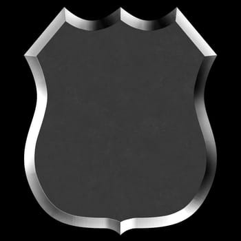 Silver metal sign shield with black background.