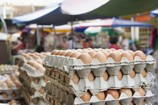 Chicken Egg Vendor with Stacks of Eggs at Southeast Asia Wet Market