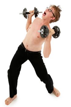 Humorous weightlifting workout images with adorable teen boy. Clipping path over white.