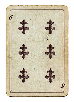 old grunge playing card with six number isolated on white