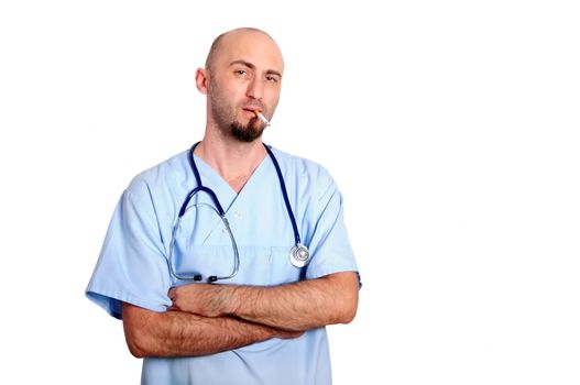 doctor with blue robe over white background smoking