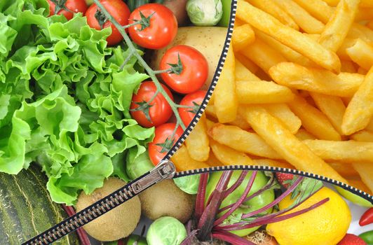 Diet lifestyle concept with zipper revealing fruits and vegetables on one side and french fries on the other 