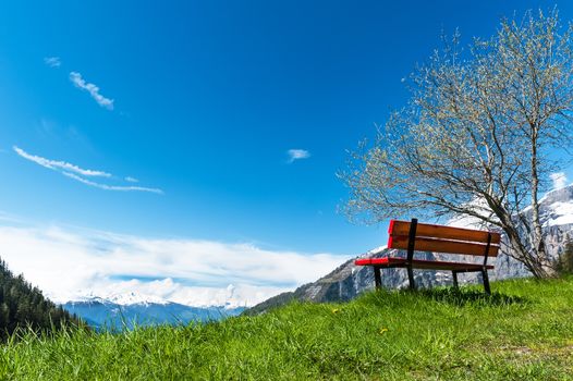 Red bench overlooking the blue sky and mountains
