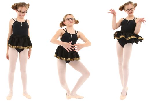 Funny geeky ballerina in three poses. Clipping path over white.