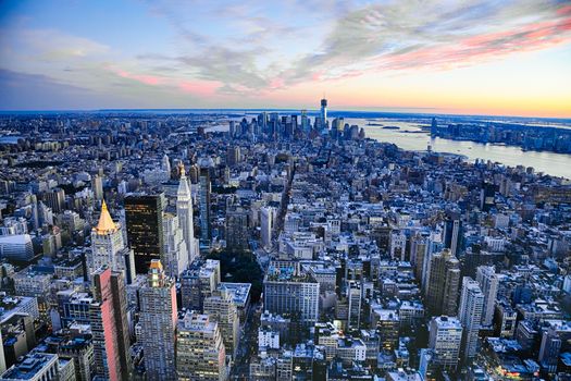 The New York City and New Jersey skyline at afternoon w the Freedom tower and Brooklyn bridge