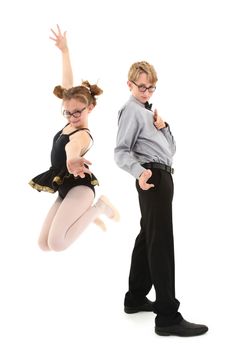 Funny brother and sister over white in nerd fashion.  Clipping path.