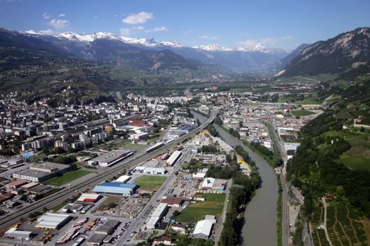 Aerial view of Sion city, Valais canton capital, Switzerland