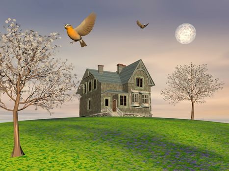 Cute cottage up of a hill next to trees and flying birds by cloudy day with full moon