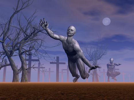 Two zombies moving in a cemetery next to dead trees by grey full moon night