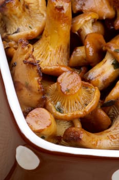 Delicious Roasted Chanterelles in Brown Polka Dot Bowl closeup