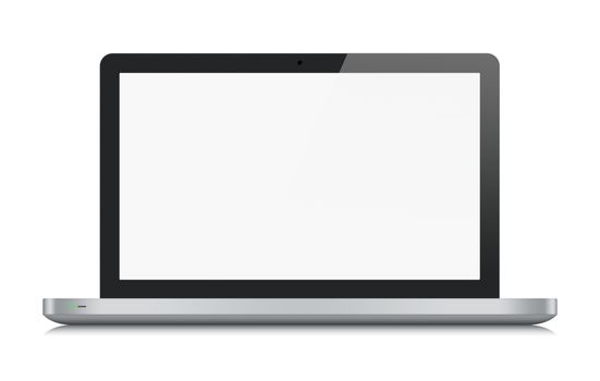 High quality illustration of modern metallic laptop with blank screen. Front view. Isolated on white background.