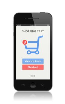 High quality illustration of modern smartphone with shopping cart icon on a screen. Isolated on white background 