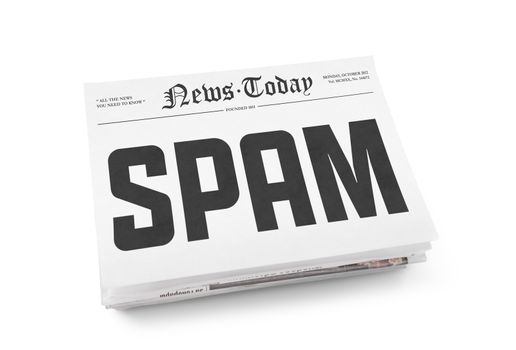 Spam word writing on the front page of newspaper stack. Isolated on white background