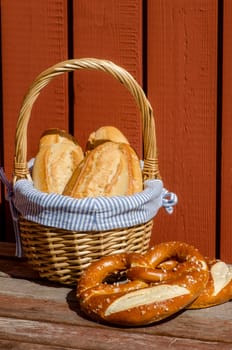 Crispy French baguettes in a basket. France.