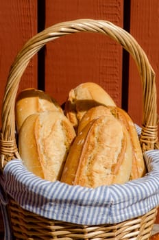 Crispy French baguettes in a basket. France.