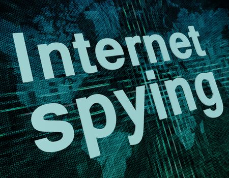 Words on digital world map concept: Internet spying