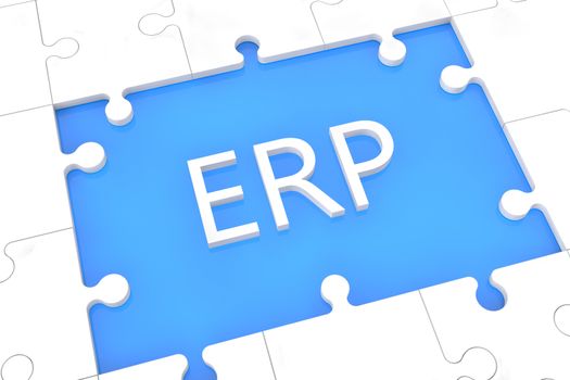 puzzle with words on blue background concept: ERP